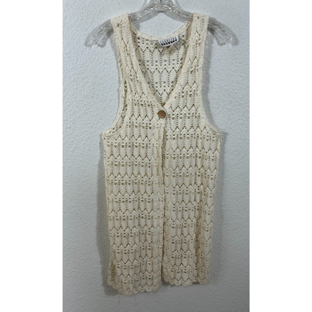 Vtg Carolina Colours Crochet Cardigan Vest Womens Medium Ivory Floral Sleeveless